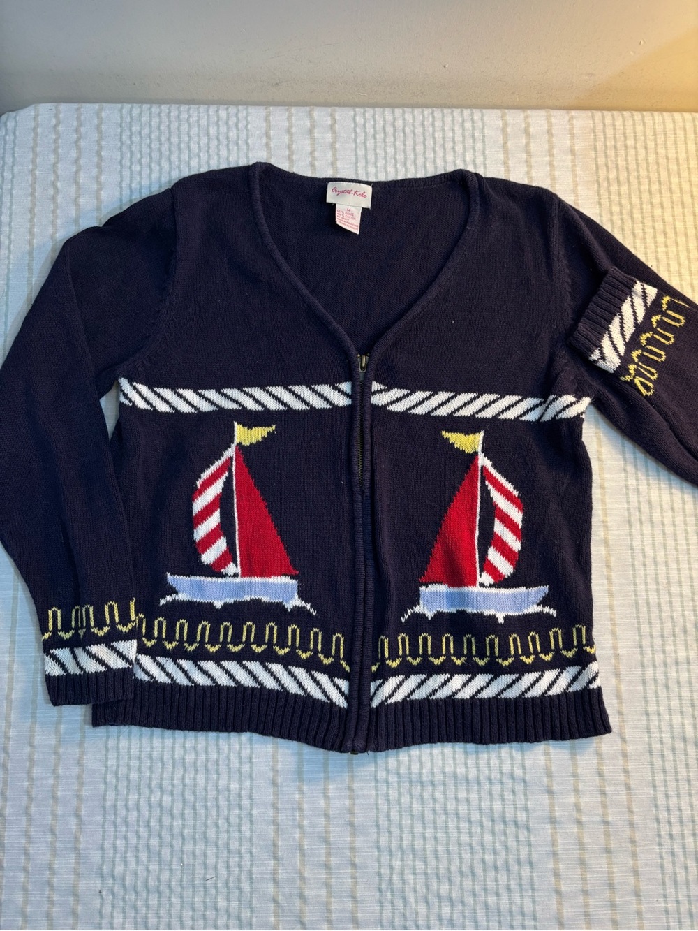 Vintage Navy Sailboat Zip-Front Sweater Cardigan